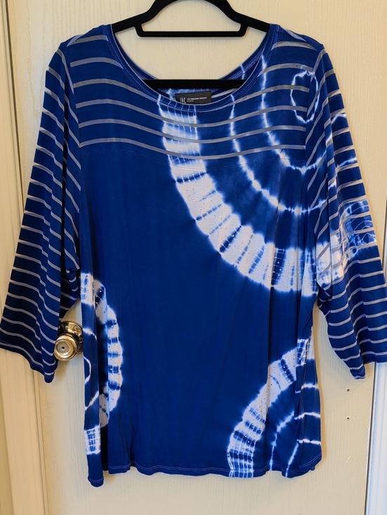 INC International Concepts Tops - INC Blue Tie Dye Stripe Sheer Sleeve Rhinestone Top 3X Plus Size Blouse